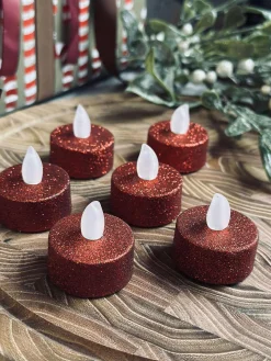 Fyrfadslys med led - Rød glitter 6 stk.
