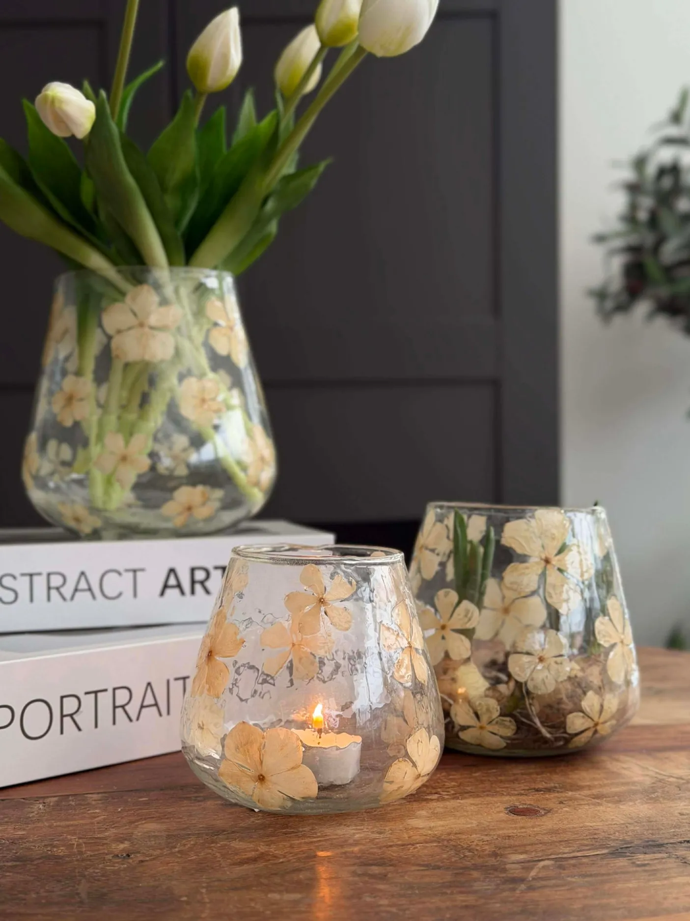 Lysestage - Glas med blomster - flere størrelser